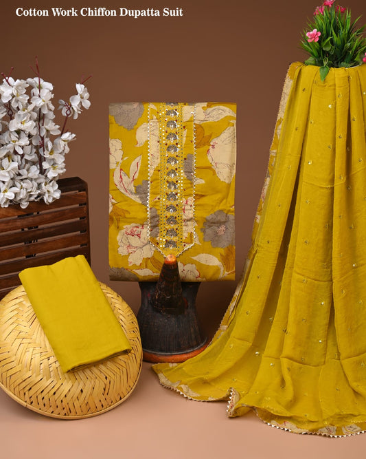 Mustard Floral Cotton Suit with Chiffon Dupatta – Summer Unstitched Dress Material