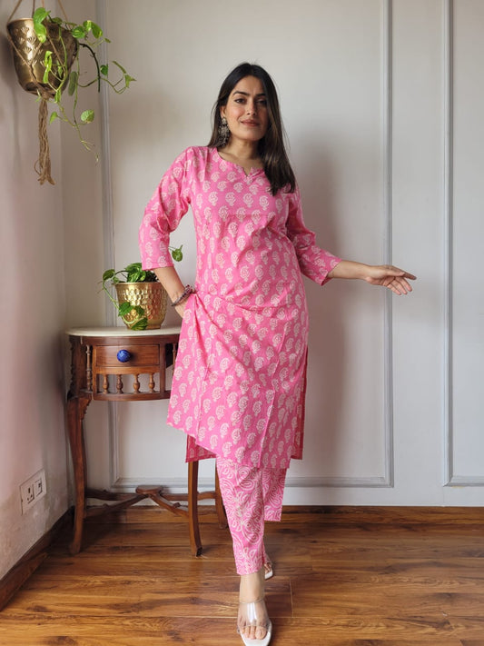 Pink Printed Cotton Kurti Pant Set for Women | Casual Ethnic Fashion