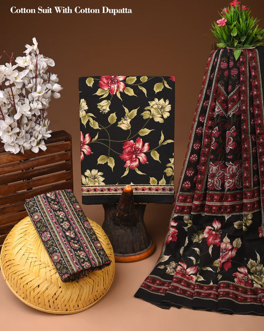 Black & Red Floral Printed Cotton Suit with Cotton Dupatta – Ladies Unstitched Summer Dress Material