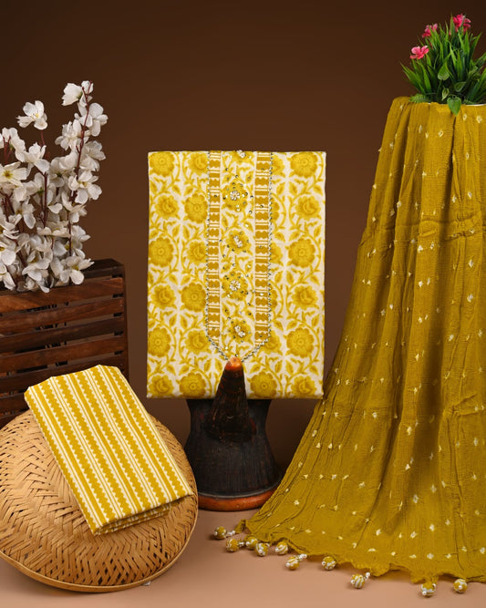 Yellow Printed Cotton Suit with Neck Work & Chiffon Dupatta – Elegant Unstitched Set