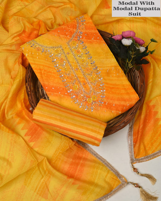 Yellow Modal Embroidered Suit with Designer Dupatta – Festive Ethnic Wear