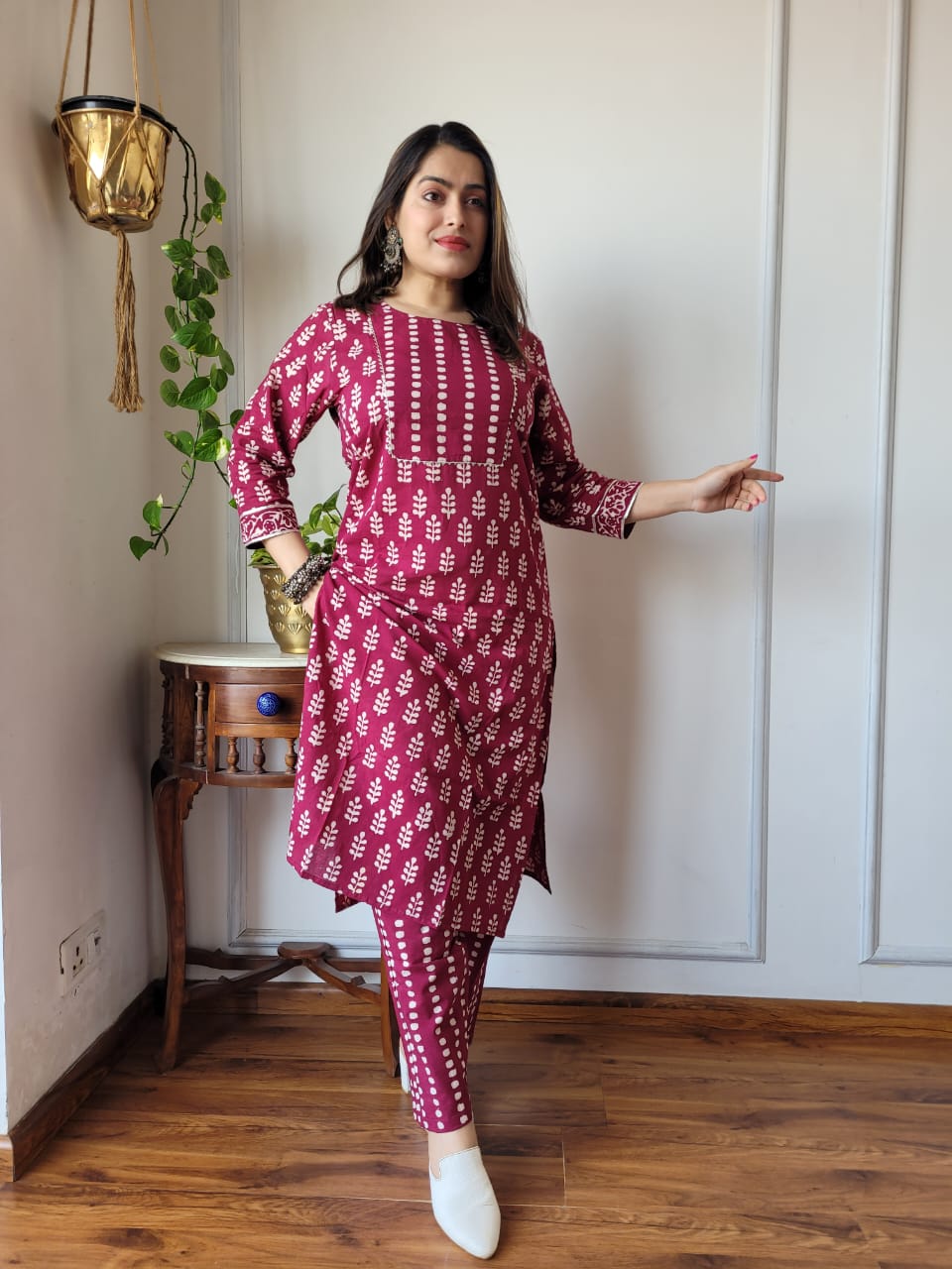 Maroon Printed Cotton Kurti Pant Set for Women | Stylish Ethnic Wear
