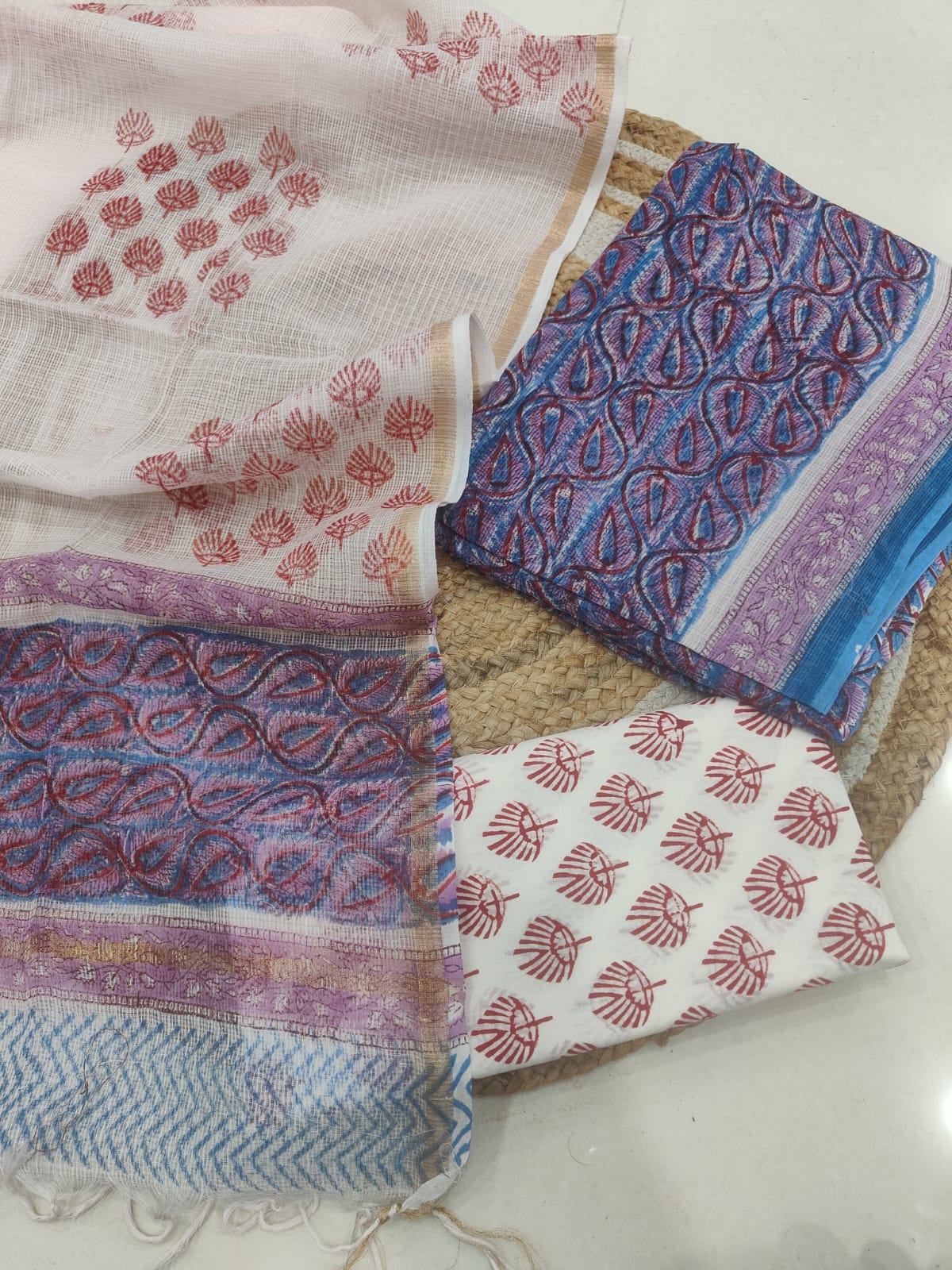 White & Blue Ethnic Printed kota doriya Suit Set (MVFKO24)