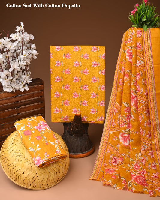 Mustard Yellow Floral Printed Cotton Suit with Cotton Dupatta – Ladies Unstitched Summer Dress Material