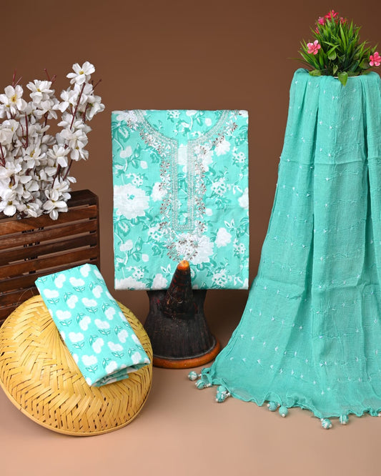 Mint Green Floral Cotton Suit with Chiffon Dupatta – Ladies Unstitched Wear