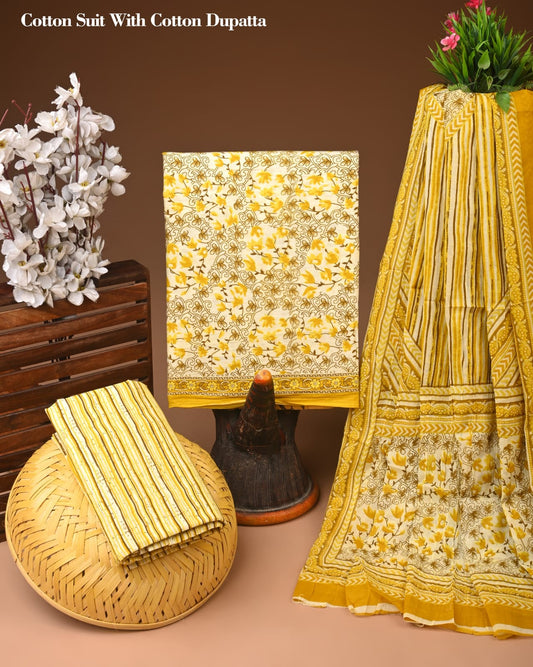 Yellow Printed Cotton Suit with Cotton Dupatta – Ladies Unstitched Summer Dress Material