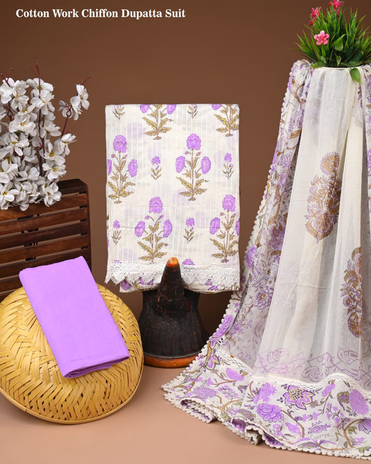 White & Lavender Floral Cotton Suit with Chiffon Dupatta – Premium Unstitched Set