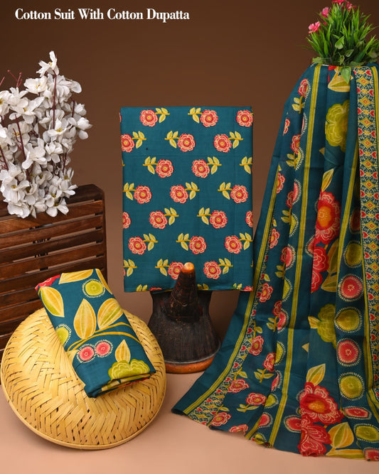 Teal Blue Floral Printed Cotton Suit with Cotton Dupatta – Ladies Unstitched Summer Dress Material