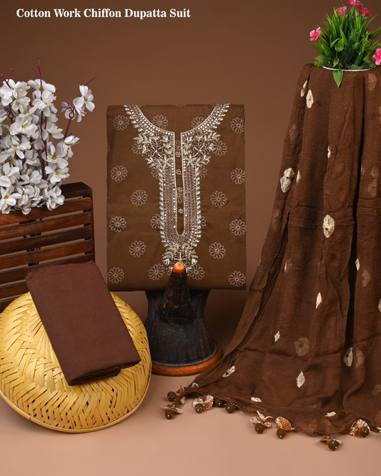 Chocolate Brown Cotton Suit with Heavy Neck Work & Chiffon Dupatta – Elegant Unstitched Set