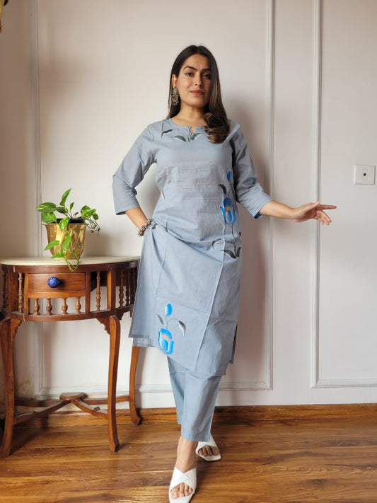 Grey Floral Cotton Kurta Pant Set for Women | Stylish Ethnic Summer Outfit