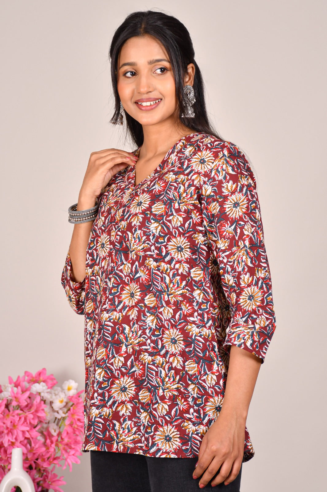 Maroon Floral Printed Cotton Top for Women – Casual V-Neck Ethnic Wear
