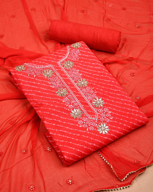 Red Embroidered Unstitched Suit with Chiffon Dupatta – Festive Wear Ladies Dress Material