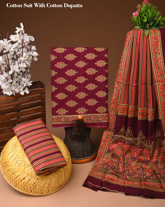 Maroon Printed Cotton Suit with Cotton Dupatta – Ladies Unstitched Summer Dress Material