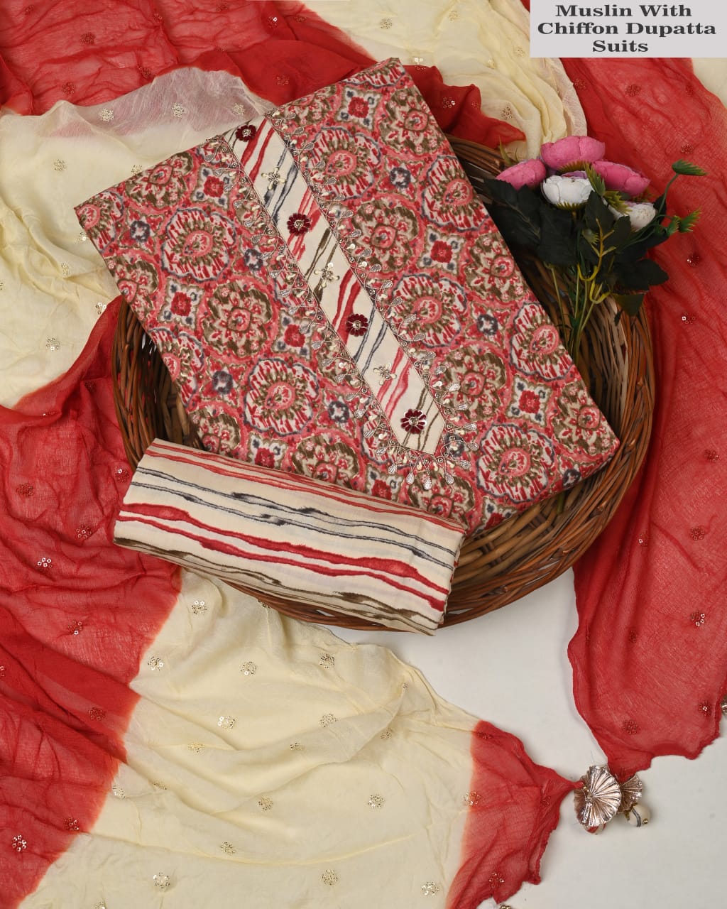 Cream & Red Printed Muslin Suit with Chiffon Dupatta – Ethnic Wear