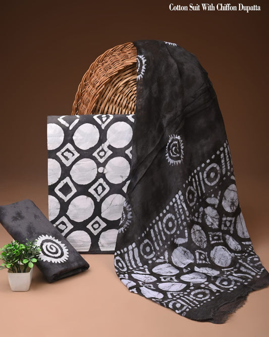 Black Ethnic Batik Print Cotton Suit with Chiffon Dupatta – Ladies Unstitched Summer Dress Material