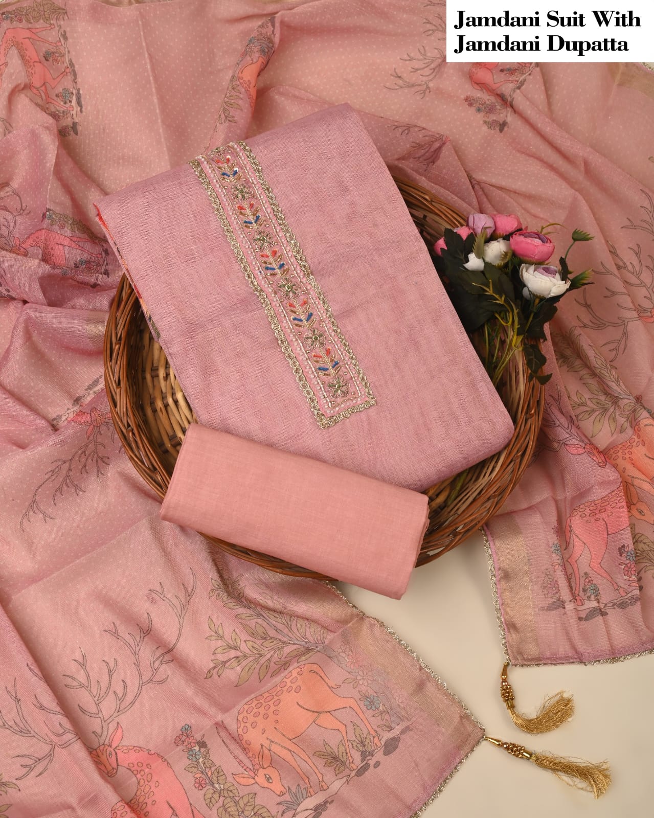Pink Jamdani Suit with Jamdani Dupatta – Traditional Ethnic Wear for Women