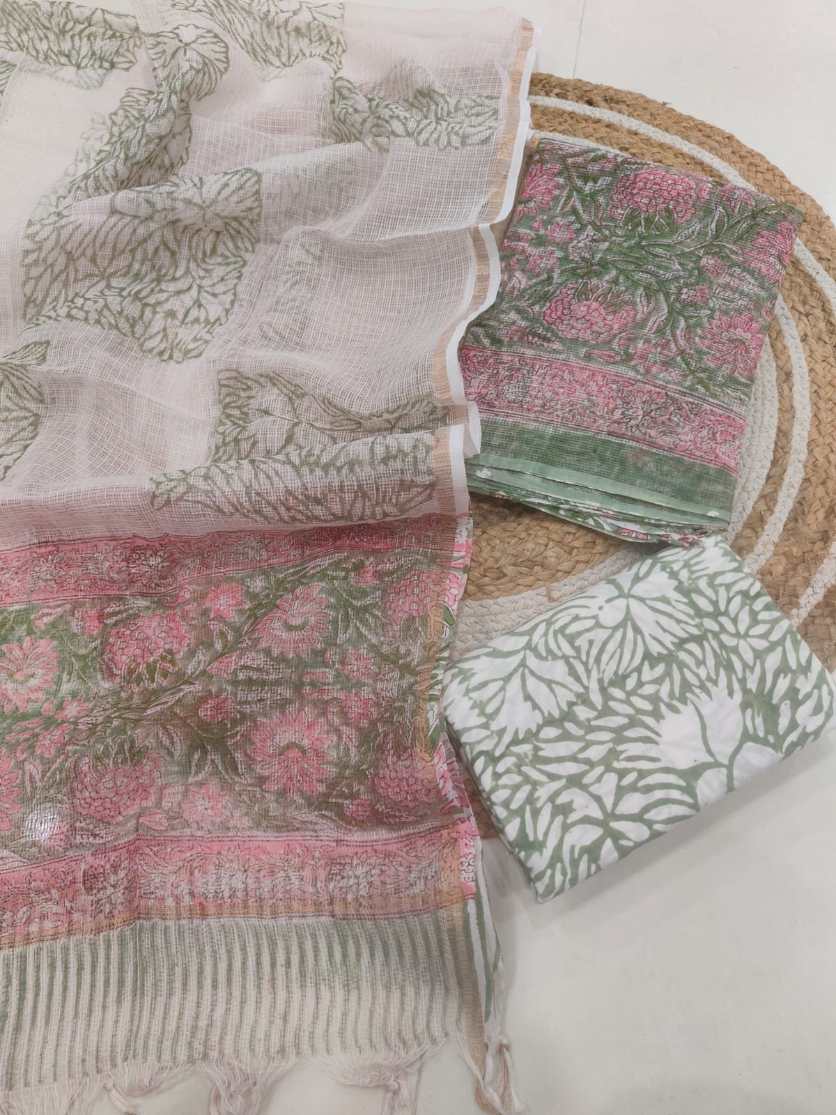 Pastel Green Floral Printed kota doriya Suit Set (MVFKO28)