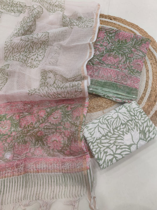 Pastel Green Floral Printed kota doriya Suit Set (MVFKO28)