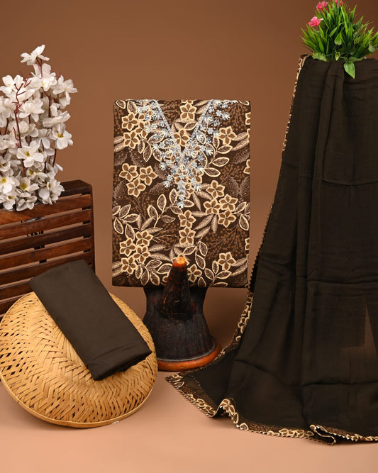Dark Brown Floral Cotton Suit with Chiffon Dupatta – Women’s Unstitched Ethnic Wear