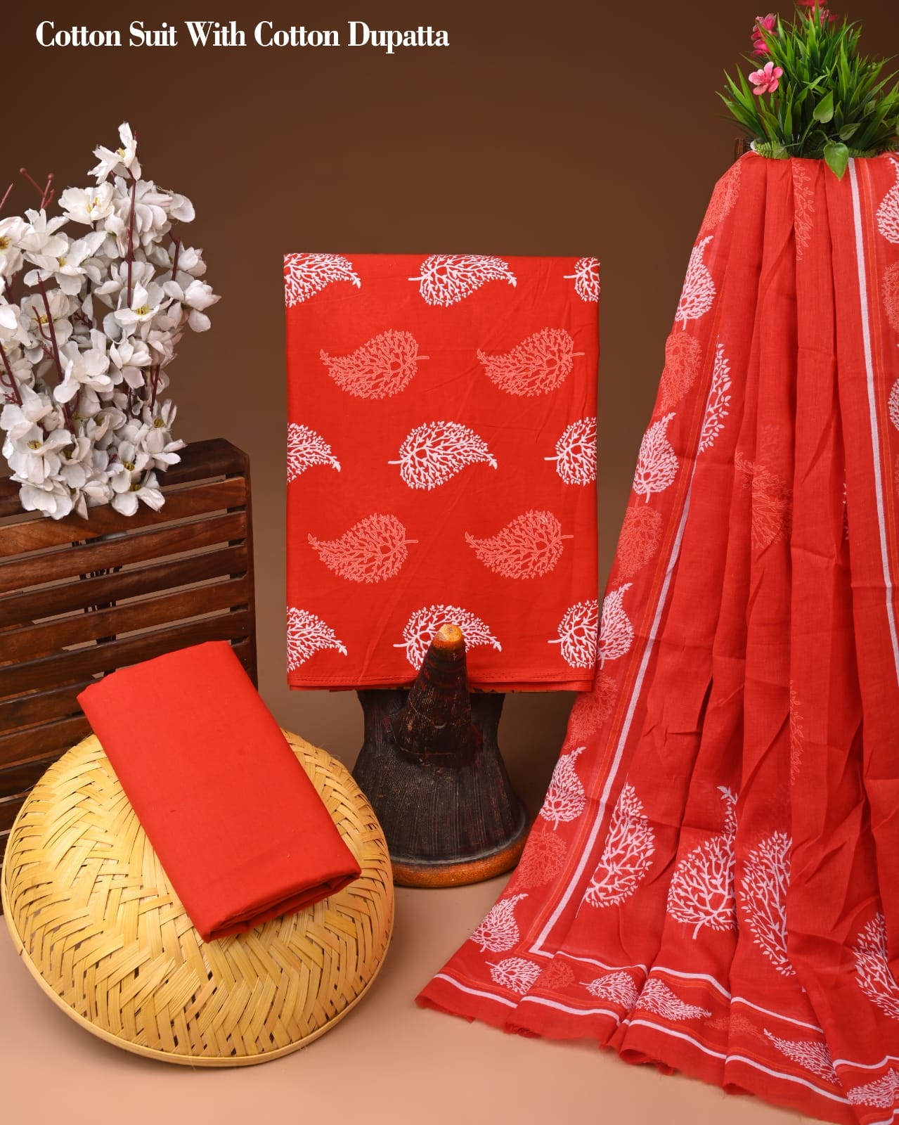 Red Printed Cotton Suit with Cotton Dupatta – Ladies Unstitched Summer Dress Material