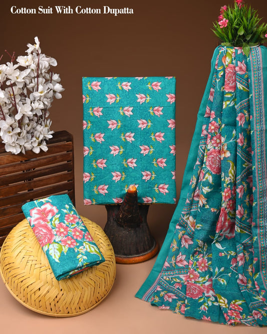 Sea Green Floral Printed Cotton Suit with Cotton Dupatta – Ladies Unstitched Summer Dress Material