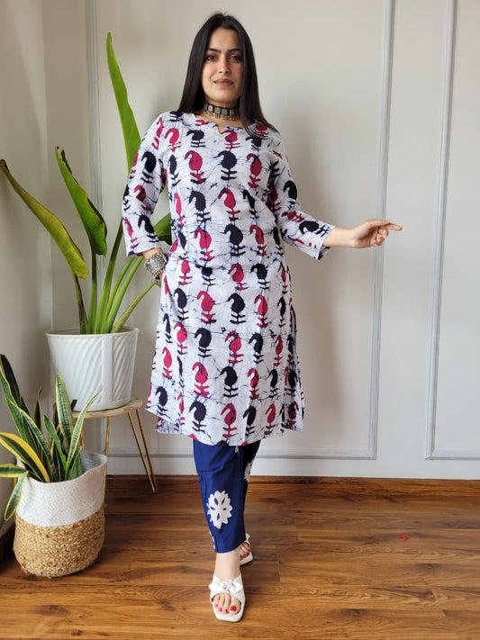 White Printed Cotton Kurti Pant Set for Women