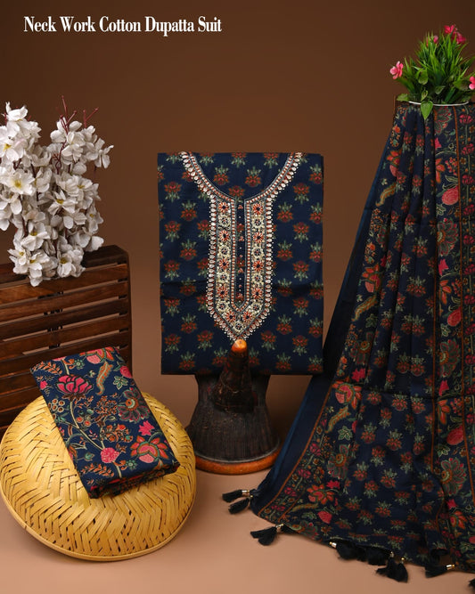 Navy Blue Neck Work Cotton Suit with Printed Dupatta – Premium Unstitched Set