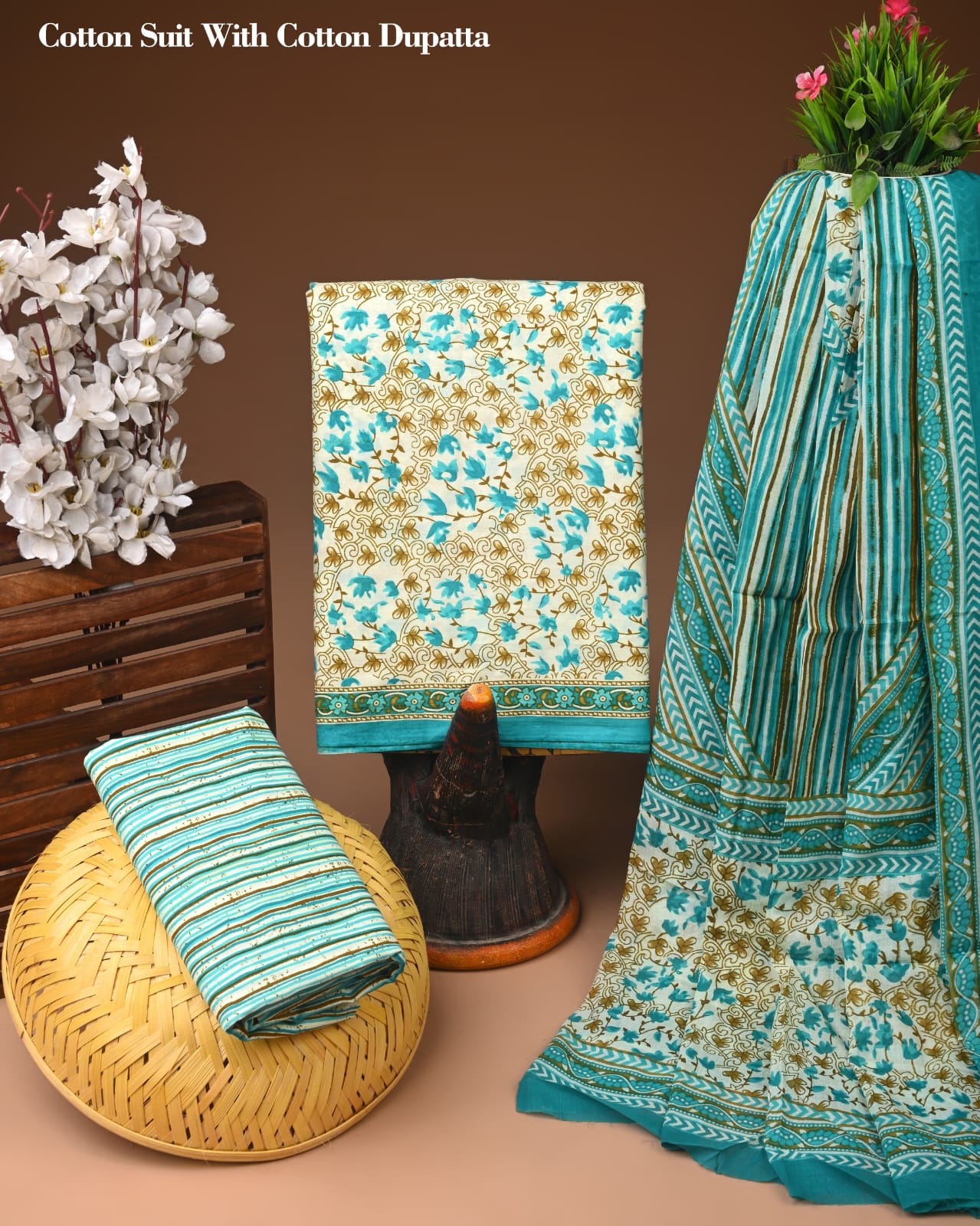 Turquoise Blue Printed Cotton Suit with Cotton Dupatta – Ladies Unstitched Summer Dress Material