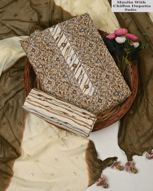 Brown Muslin Printed Suit with Chiffon Dupatta – Elegant Party Wear