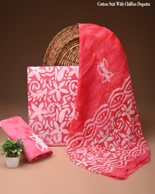 Coral Red Floral Batik Print Cotton Suit with Chiffon Dupatta – Ladies Unstitched Summer Dress Material
