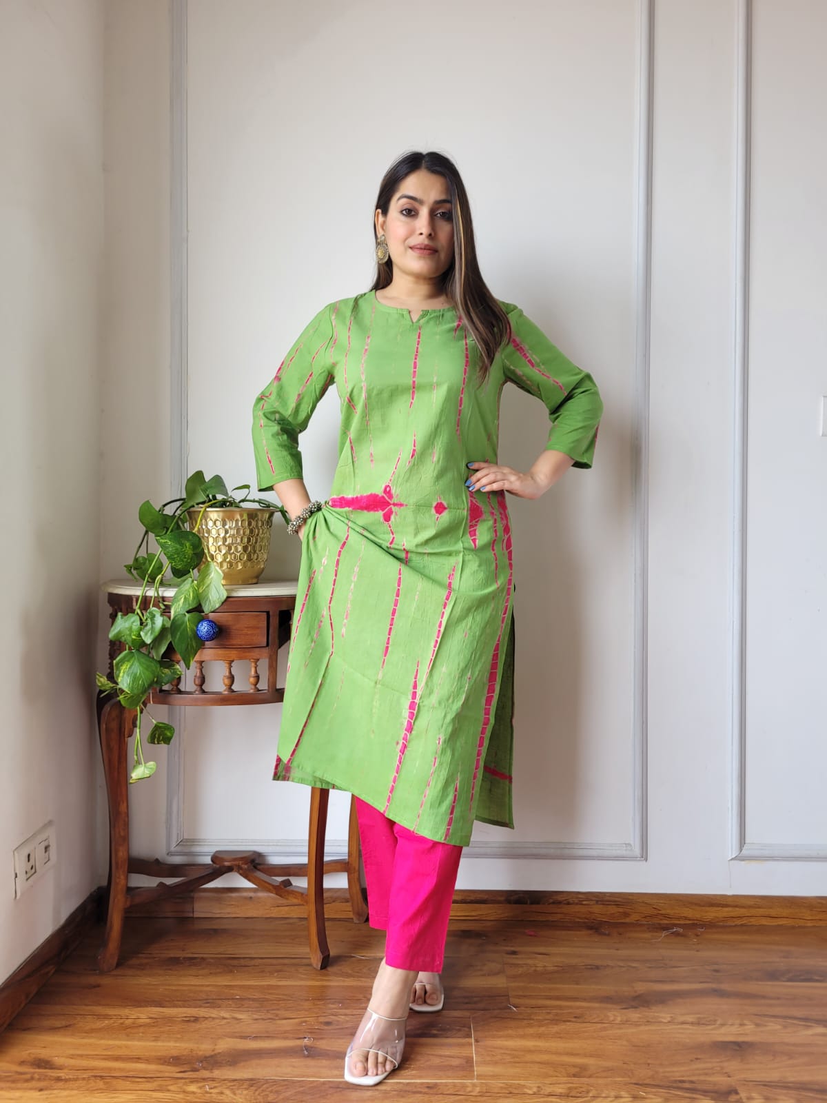 Green Pink Printed Cotton Kurti Pant Set for Women