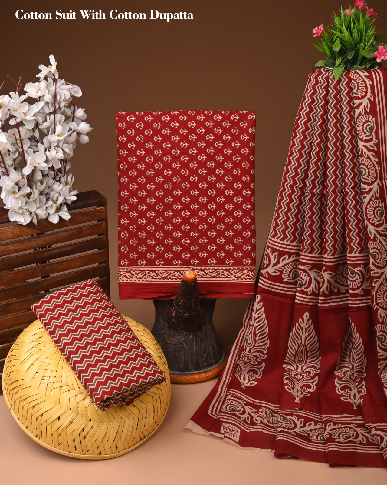 Red Printed Cotton Suit with Cotton Dupatta – Ladies Unstitched Summer Dress Material