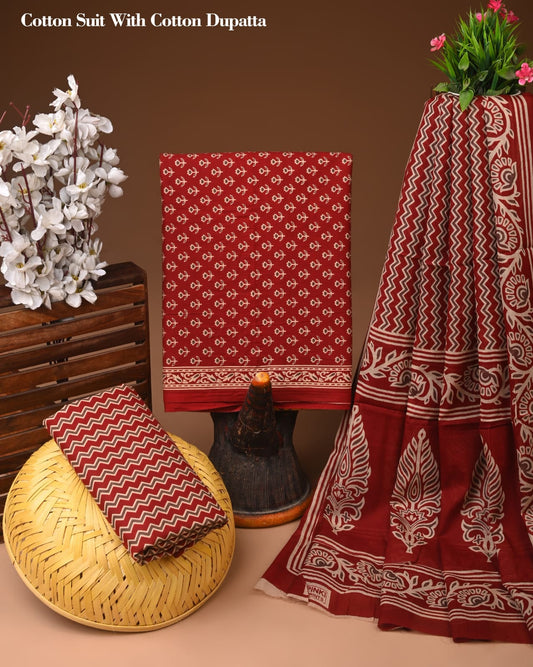 Red Printed Cotton Suit with Cotton Dupatta – Ladies Unstitched Summer Dress Material
