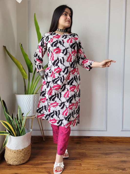 Black Pink Printed Cotton Kurti Pant Set for Women