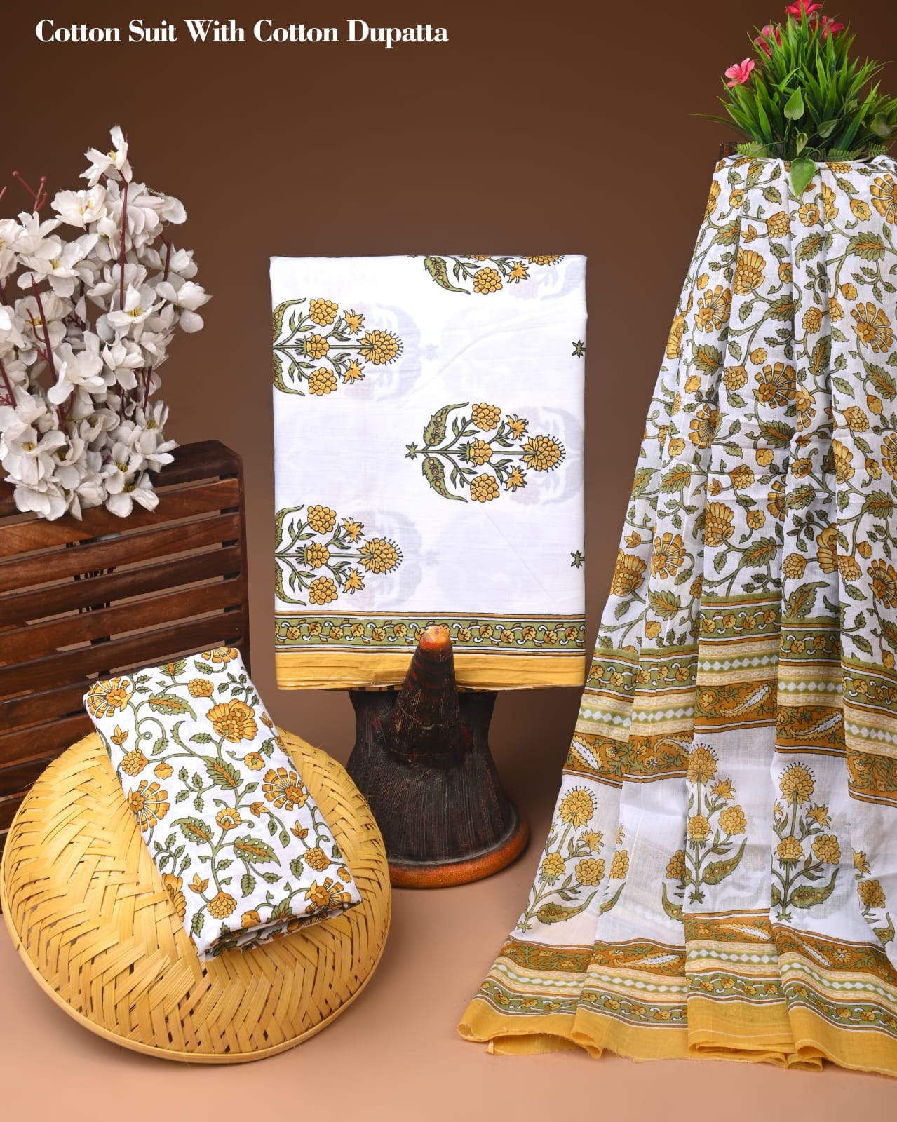 White & Mustard Floral Printed Cotton Suit with Cotton Dupatta – Ladies Unstitched Summer Dress Material