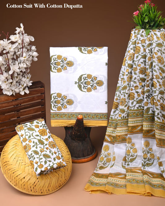 White & Mustard Floral Printed Cotton Suit with Cotton Dupatta – Ladies Unstitched Summer Dress Material