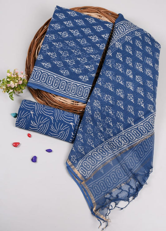Blue Hand Block Printed kota doriya Suit Set (MVFKO32)