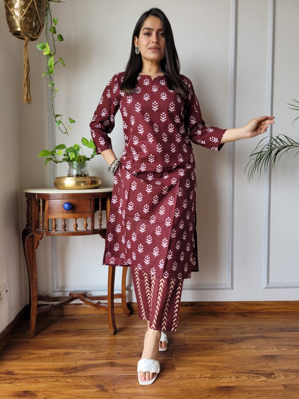 Maroon Printed Cotton Kurti Pant Set for Women – Elegant Ethnic Wear