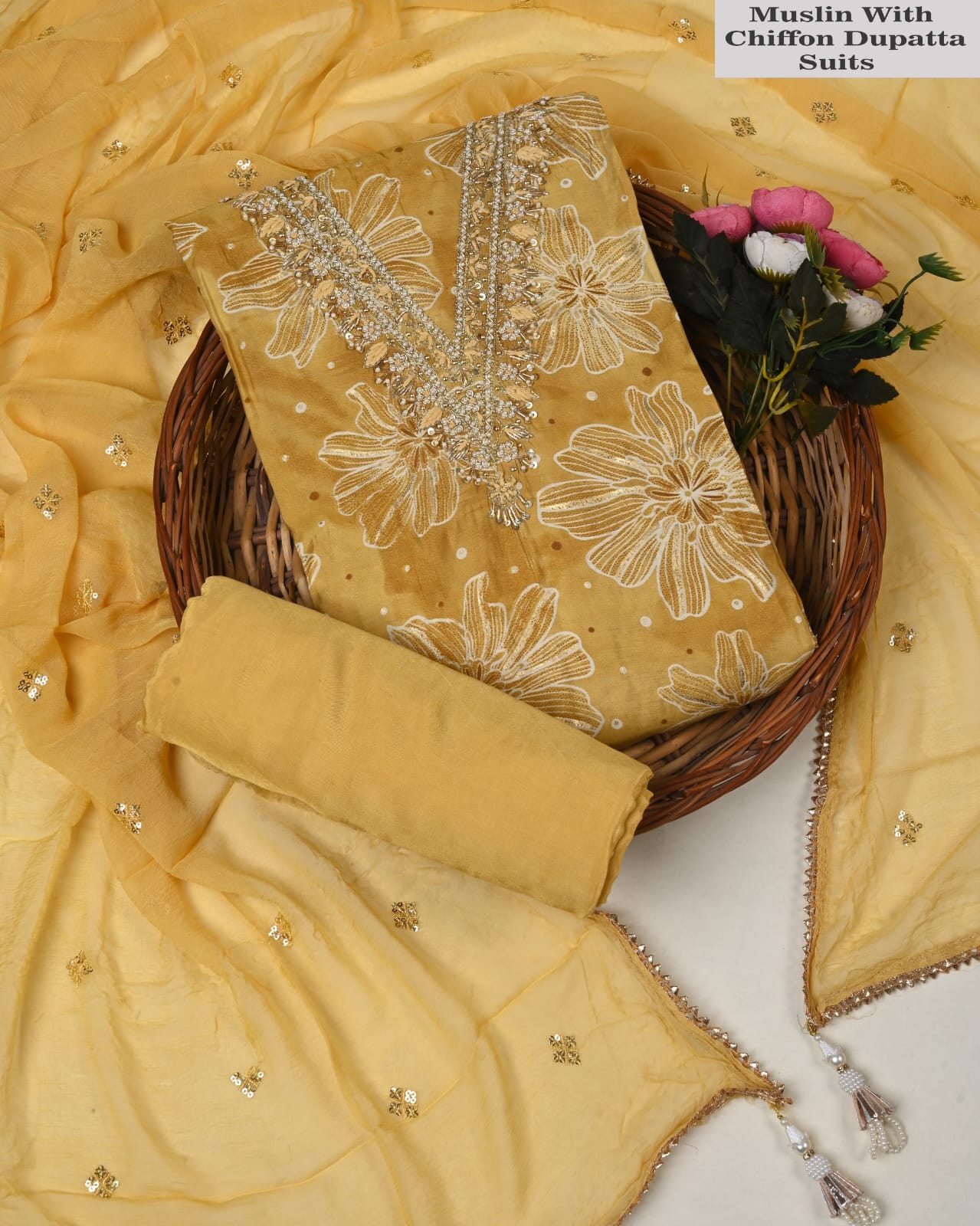 Mustard Muslin Suit With Chiffon Dupatta – Designer Ethnic Dress Material