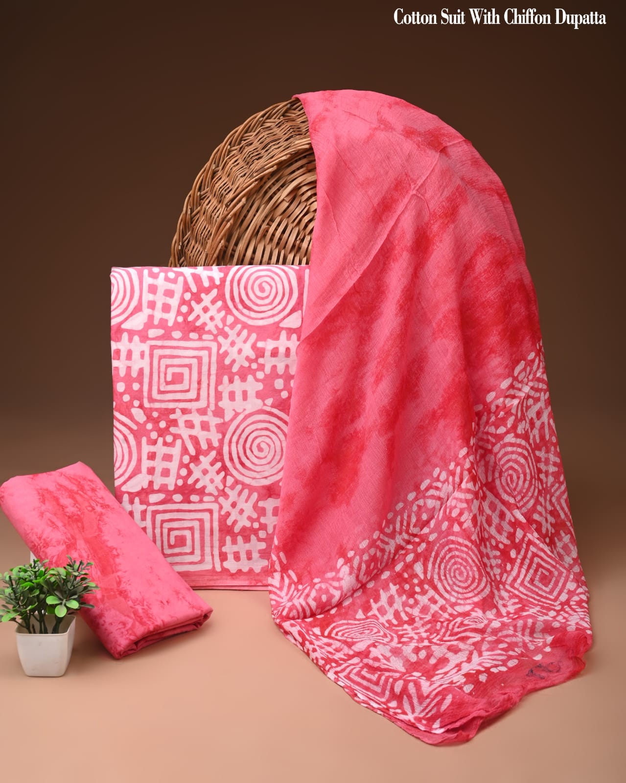 Coral Pink Abstract Batik Print Cotton Suit with Chiffon Dupatta – Ladies Unstitched Summer Dress Material