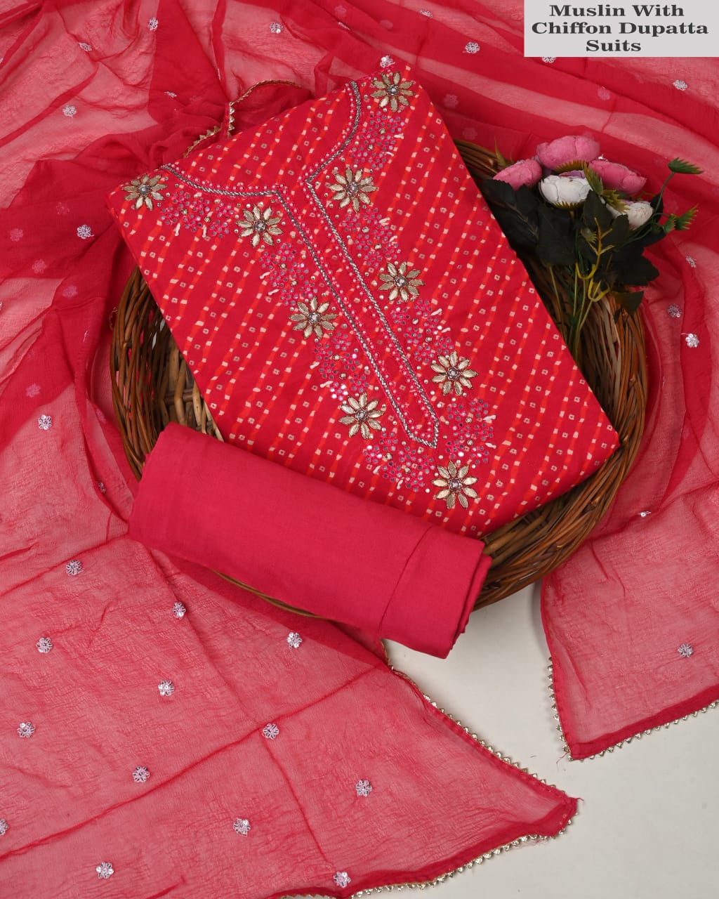 Bright Red Muslin Suit With Chiffon Dupatta – Party Wear Collection