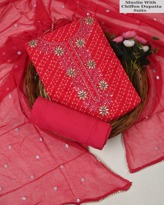 Bright Red Muslin Suit With Chiffon Dupatta – Party Wear Collection