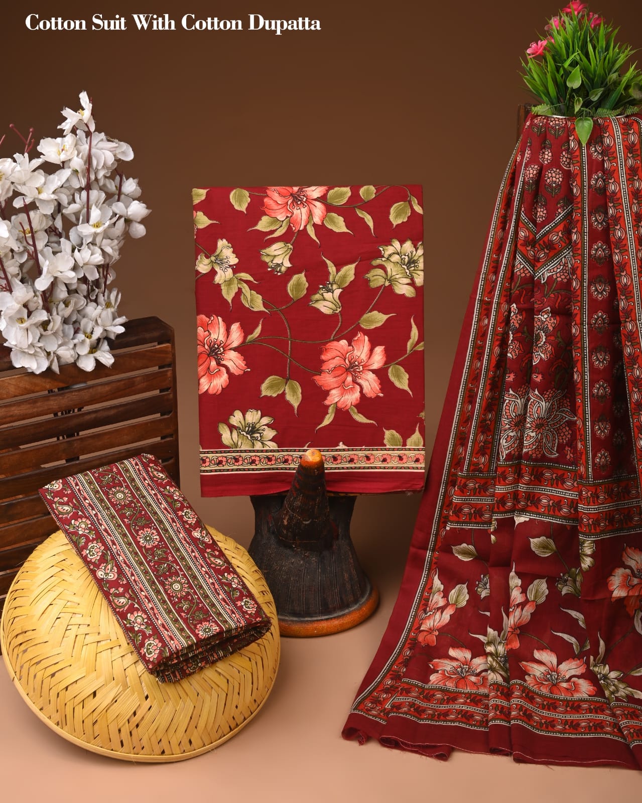 Maroon Floral Printed Cotton Suit with Cotton Dupatta – Ladies Unstitched Summer Dress Material