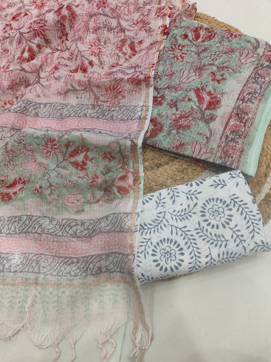 Pastel Red Floral Printed kota doriya Suit Set (MVFKO35)