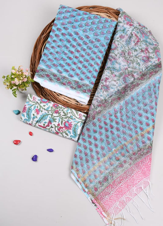 Aqua Blue Floral Printed kota doriya Suit Set (MVFKO36)