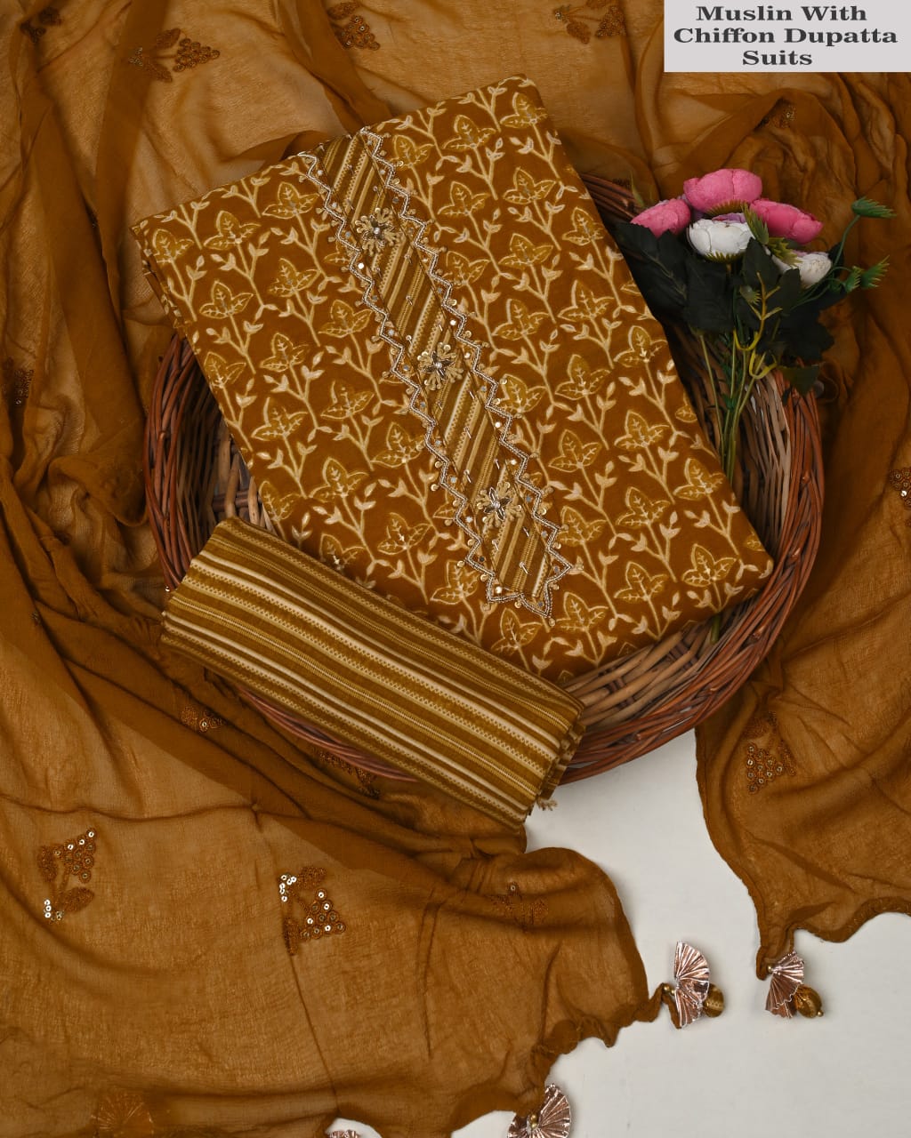 Rust Brown Muslin Suit With Chiffon Dupatta – Traditional Unstitched Suit