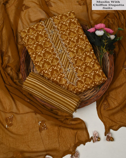Rust Brown Muslin Suit With Chiffon Dupatta – Traditional Unstitched Suit