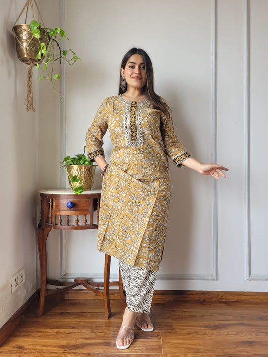 Mustard Printed Cotton Kurti Pant Set for Women