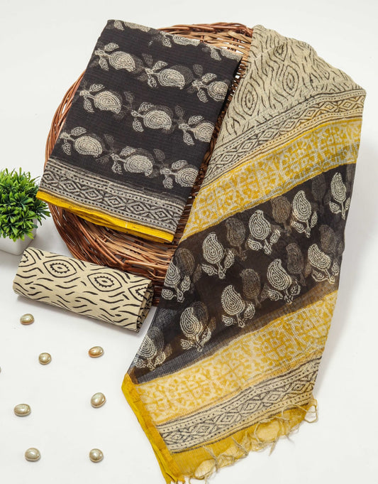Black & Mustard Ethnic Printed kota doriya Suit Set (MVFKO03)