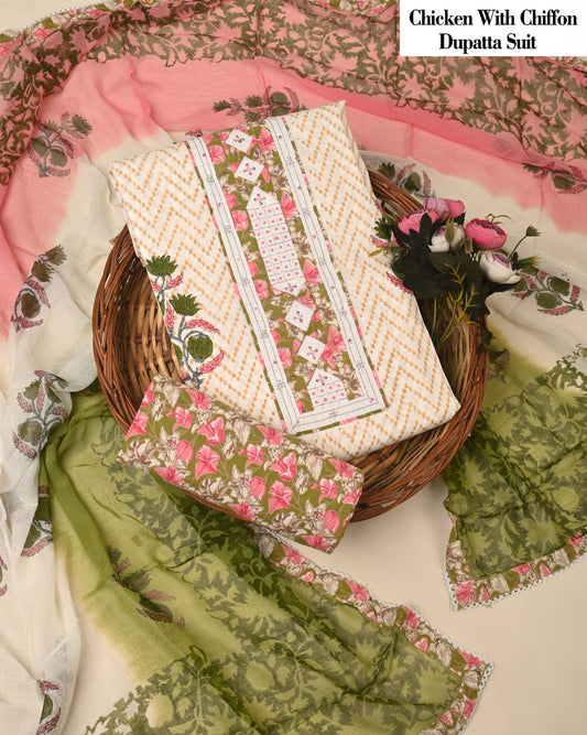 Pink & Green Chicken Embroidered Suit with Chiffon Dupatta – Ladies Unstitched Cotton Dress Material